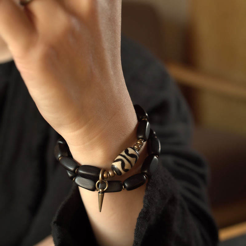 Wear FengShui Tibet Ebony Wood Dzi Bead Copper Balance Double Wrap Bracelet