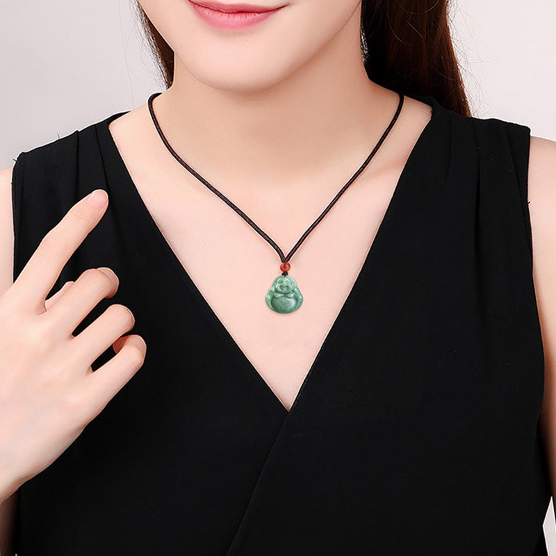 Wear FengShui Laughing Buddha Cyan Jade Success Necklace String Pendant