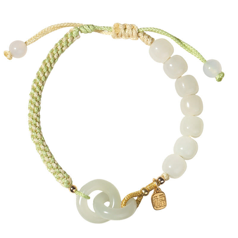 Wear FengShui Natural Hetian Jade Bead Double Peace Buckle Fu Character Abundance Braided Bracelet
