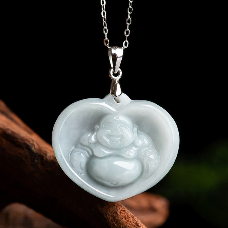 Wear FengShui Laughing Buddha White Jade Luck Blessing Titanium Steel Chain Necklace Pendant