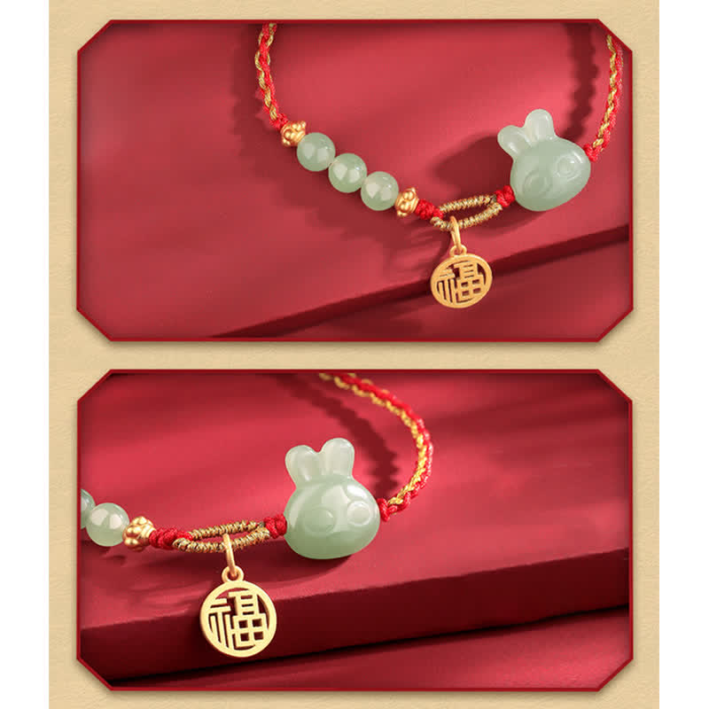 Wear FengShui 925 Sterling Silver Year of the Rabbit Hetian Jade Happiness Luck Red String Bracelet