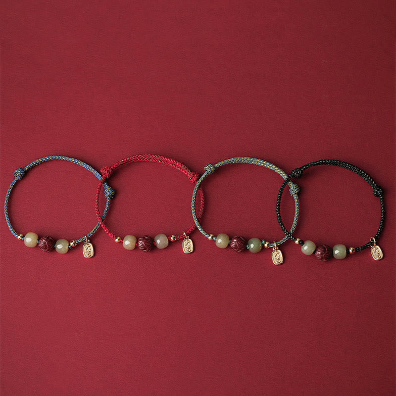 Wear FengShui 14K Gold Plated Hetian Jade Cinnabar Lotus Luck Handcrafted Rope Bracelet