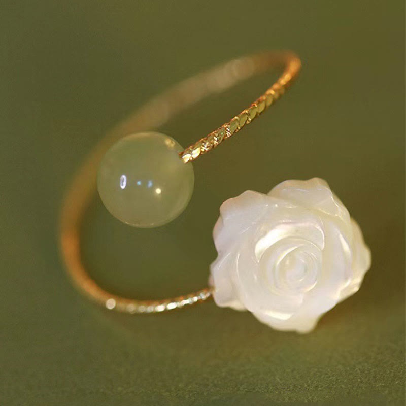 Wear FengShui 14K Gold Plated Tridacna Stone Rose Flower Jade Bead Blessing Ring