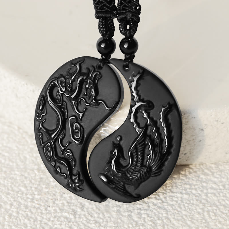 Wear FengShui Black Obsidian Yin Yang Dragon Phoenix Luck Necklace Pendant