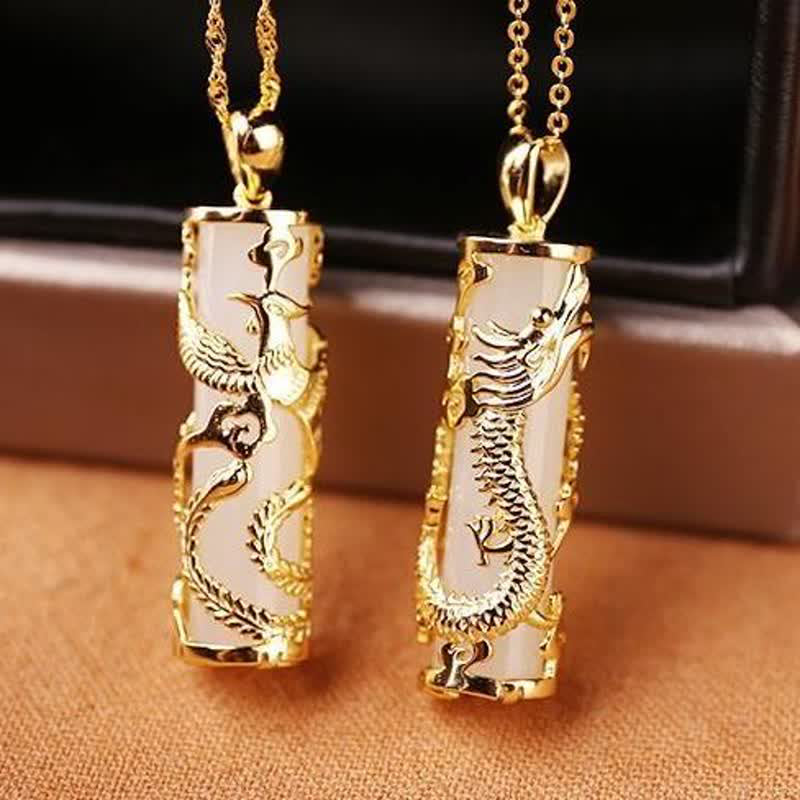 Wear FengShui Jade Dragon Phoenix Copper Blessing Harmony Necklace Pendant