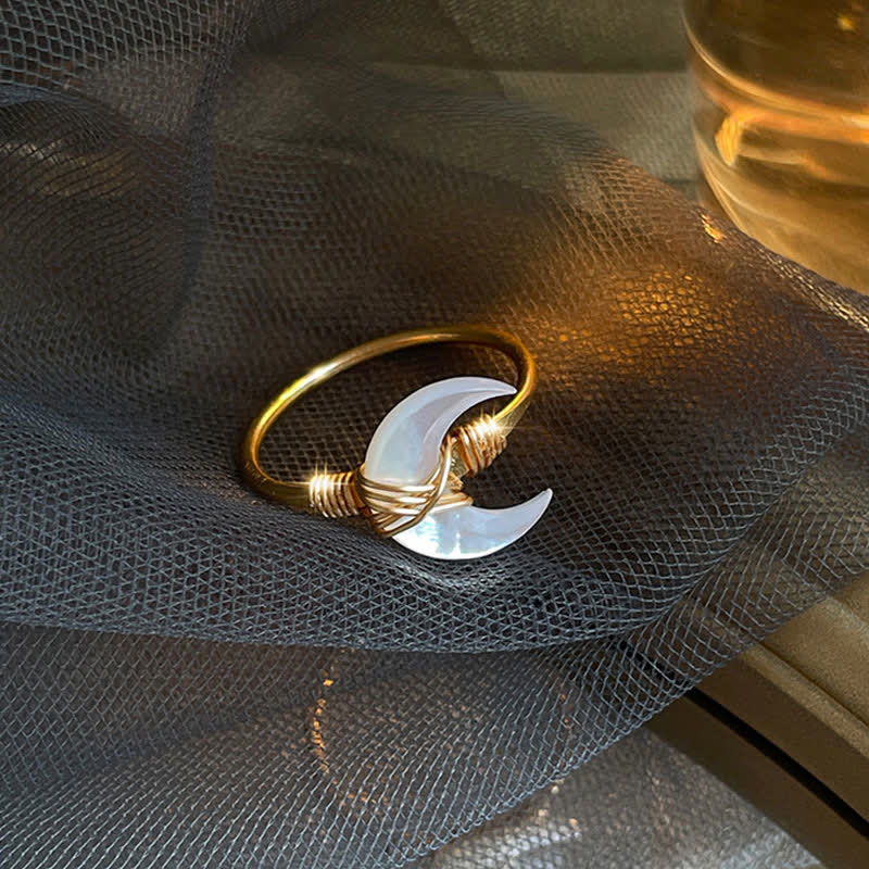 Wear FengShui Natural Tridacna Stone Moon 14K Gold Blessing Ring