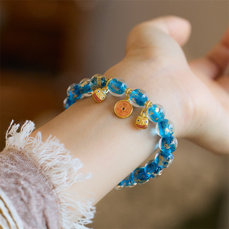 Wear FengShui Gold Swallowing Beast Copper Coin Good Luck Charm Liuli Glass Bead Fortune Bracelet