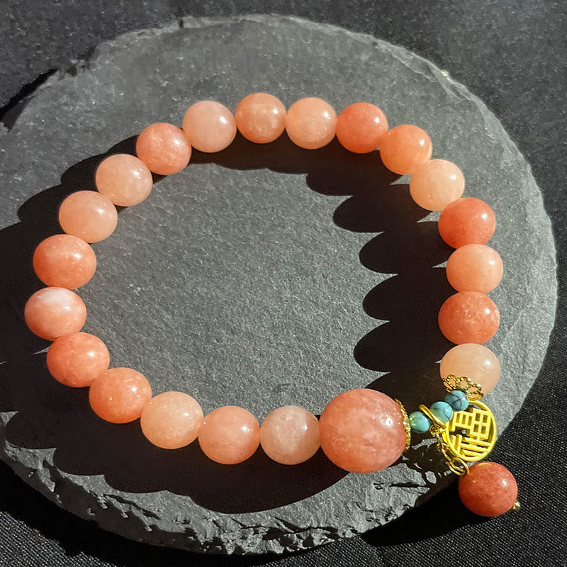 Wear FengShui Natural Orange Stone Turquoise Fu Character Charm Luck Fortune Bracelet