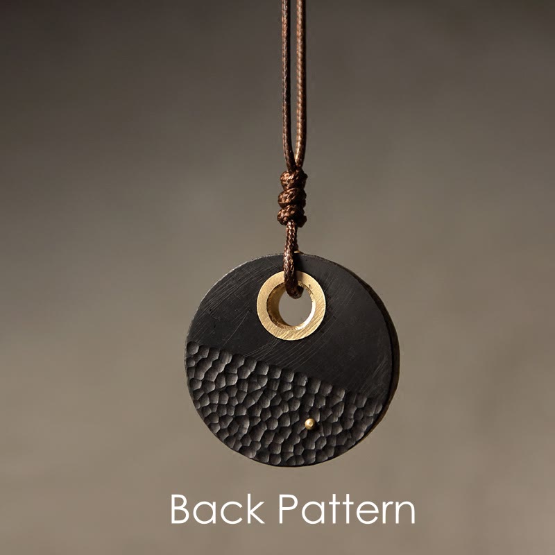 Wear FengShui Handcrafted Round Ebony Wood Brass Copper Peace Necklace Pendant