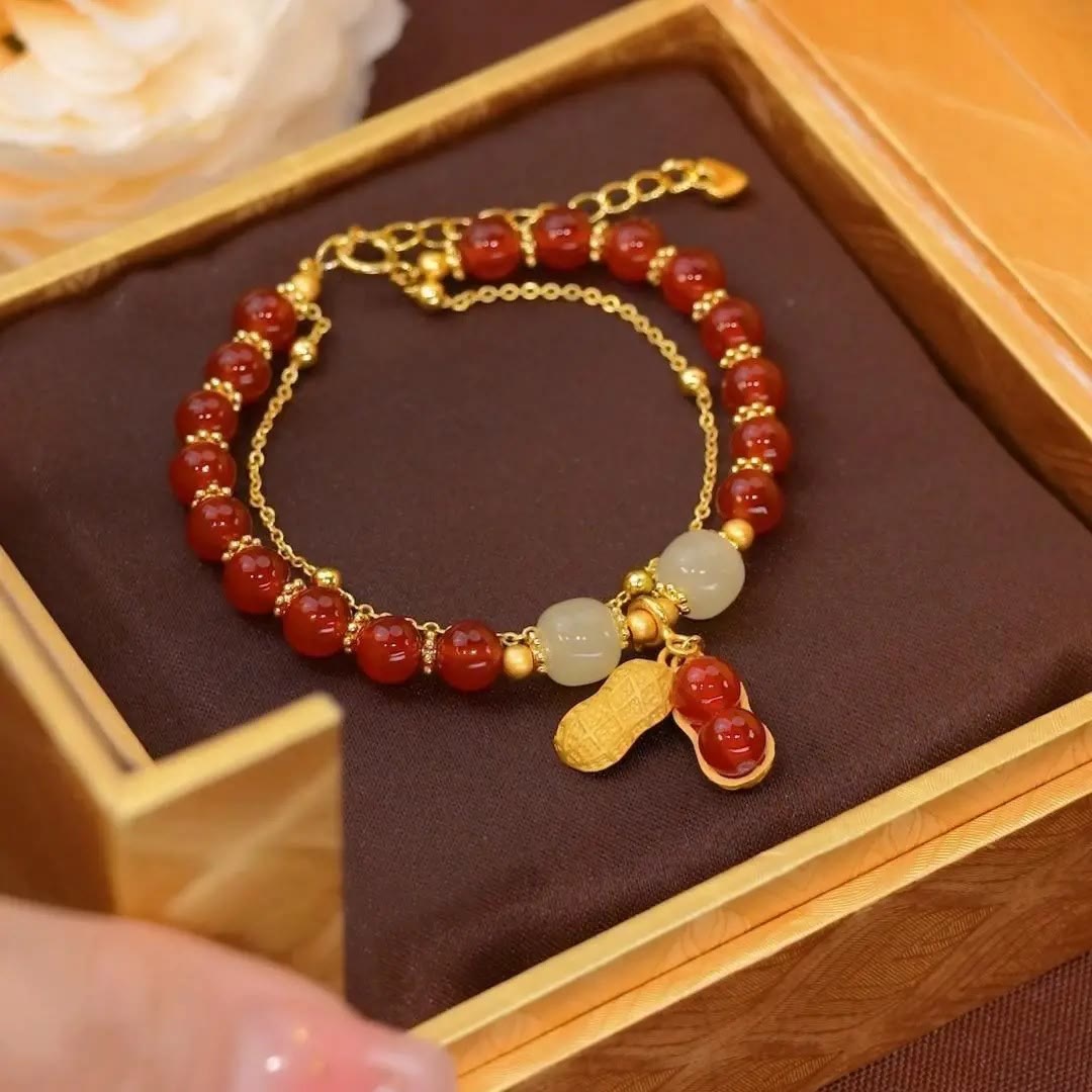 Wear FengShui Jade Leaf Ginkgo Tulip Peanut Fu Character Luck Beaded Bracelet