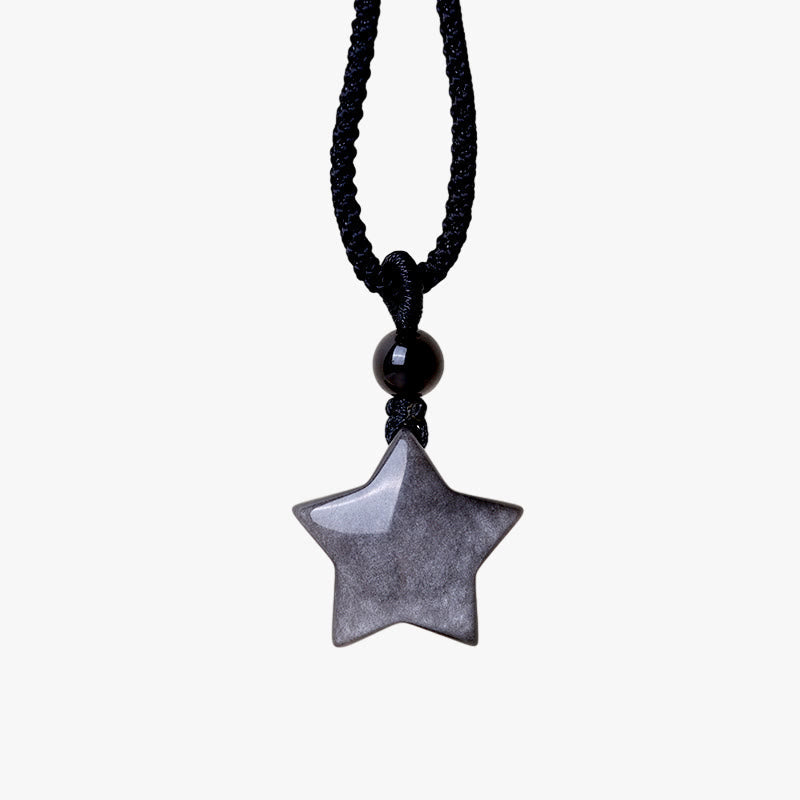 Wear FengShui Natural Silver Sheen Obsidian Star Crescent Moon Protection Necklace Pendant