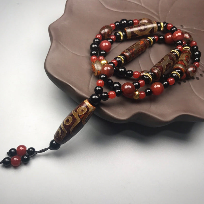 Wear FengShui Nine-Eye Dzi Bead Red Agate Wealth Health Necklace