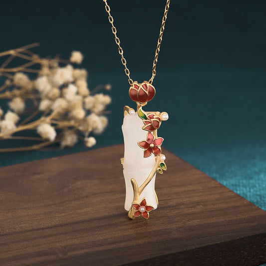 Wear FengShui White Jade Bamboo Lotus Flowers Luck Protection Necklace Pendant