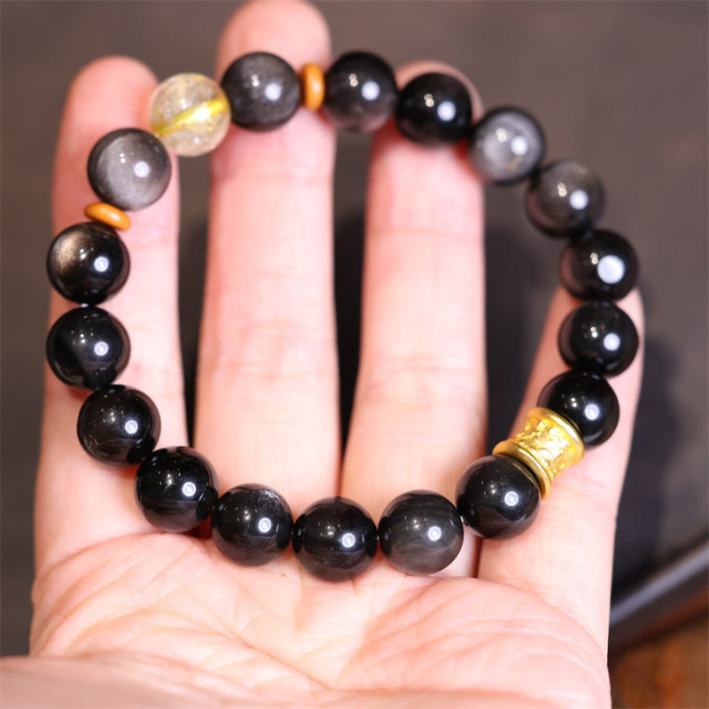 Wear FengShui Natural Silver Sheen Obsidian Crystal Om Mani Padme Hum Bead Protection Bracelet