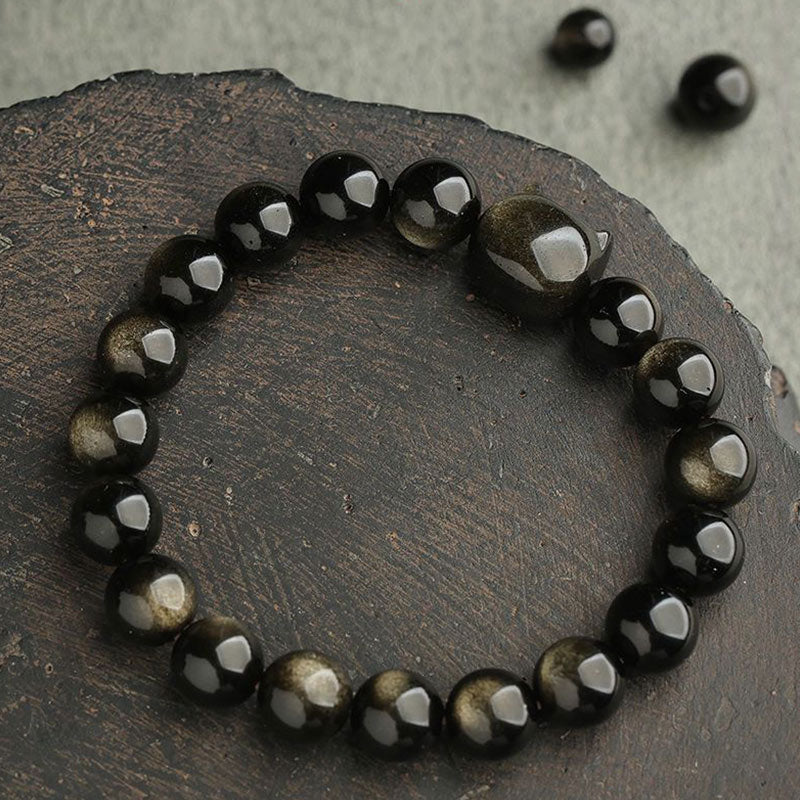 Wear FengShui Gold Sheen Obsidian Silver Sheen Obsidian Lovely Paw Lucky Cat Protection Bracelet