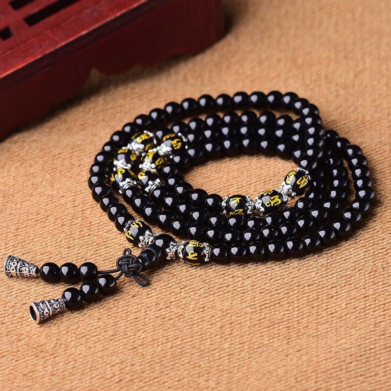 Wear FengShui Black Obsidian Six True Words Protection Mala Bracelet