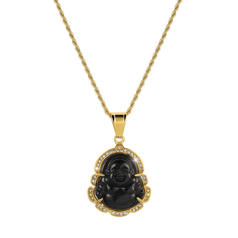 Wear FengShui 18K Gold Filled Laughing Buddha Jade Luck Necklace Chain Pendant