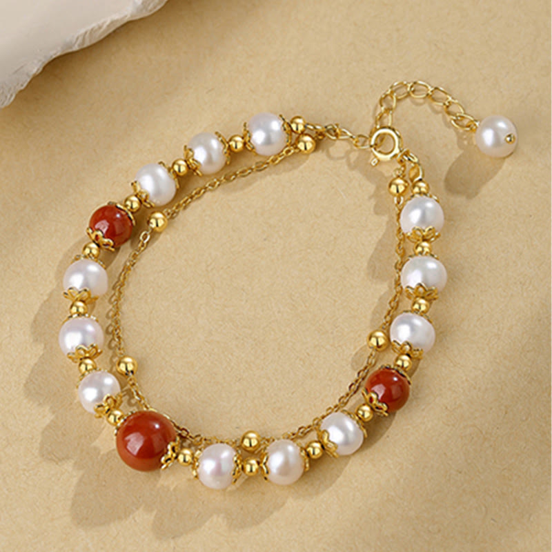 Wear FengShui 925 Sterling Silver Pearl Cinnabar Wisdom Bead Double Layer Chain Bracelet