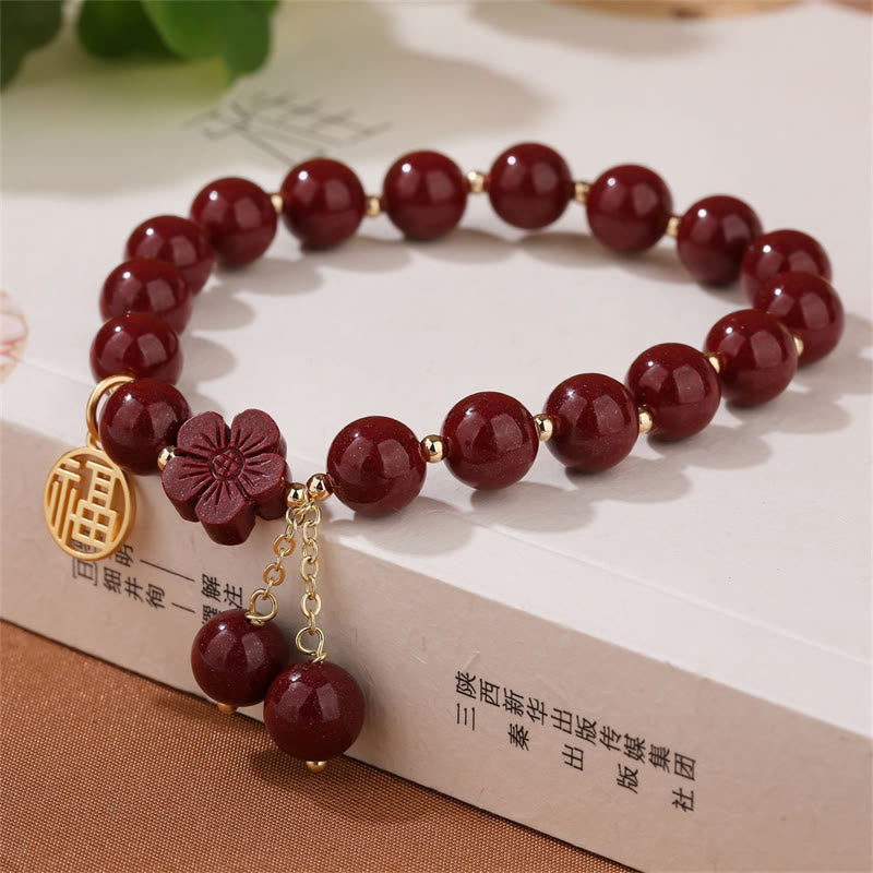 Wear FengShui Cinnabar Fu Character Cherry Blossom Blessing Bracelet
