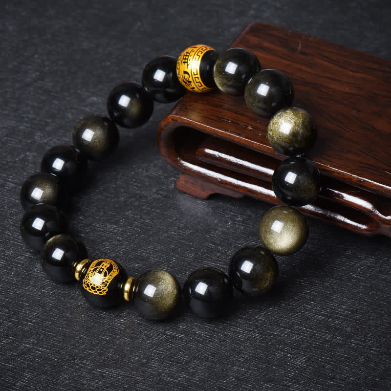 Wear FengShui Chinese Zodiac Natal Buddha Gold Sheen Obsidian Wealth Protection Bracelet