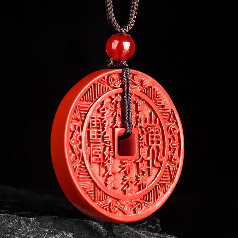 Wear FengShui Natural Cinnabar Mountain Ghosts Spend Money Bagua Design Blessing Necklace Pendant