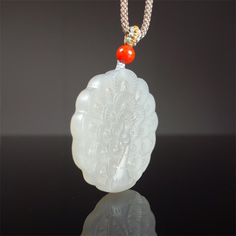 Wear FengShui White Jade Peacock Protection Blessing Necklace Pendant