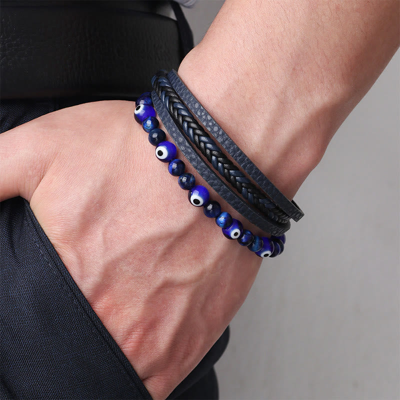 Wear FengShui Evil Eye Tiger Eye Protection Beaded Multilayered Braided Bracelet