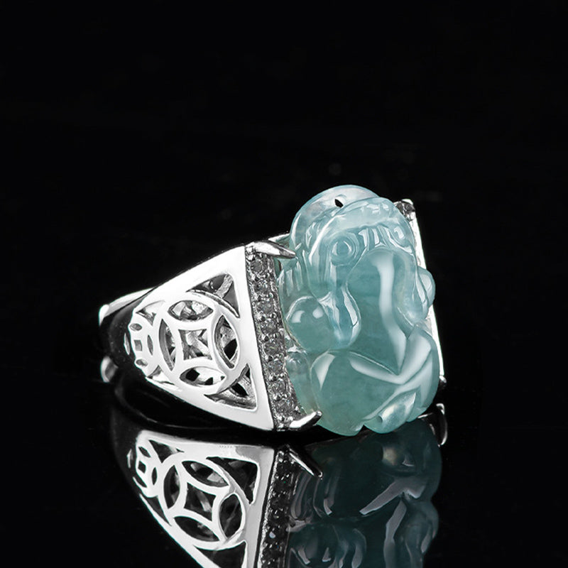 Wear FengShui 925 Sterling Silver Fengshui Wealth Prosperity Jade PiXiu Luck Ring