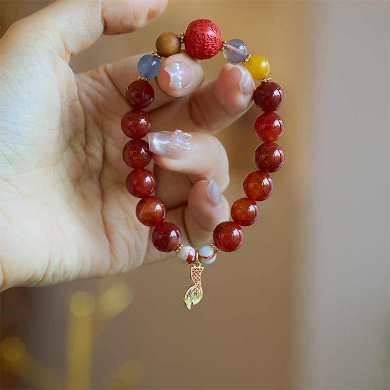 Wear FengShui Natural Red Agate Peace Talisman Fu Character Dragon Tail Confidence Charm Bracelet