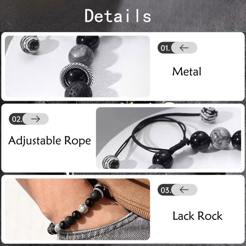 Wear FengShui Vintage Lava Rock Black Obsidian Picasso Jasper Beads Support Rope Bracelet