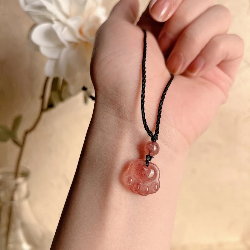 Wear FengShui Strawberry Quartz Lovely Cat Paw Claw Healing Necklace Pendant