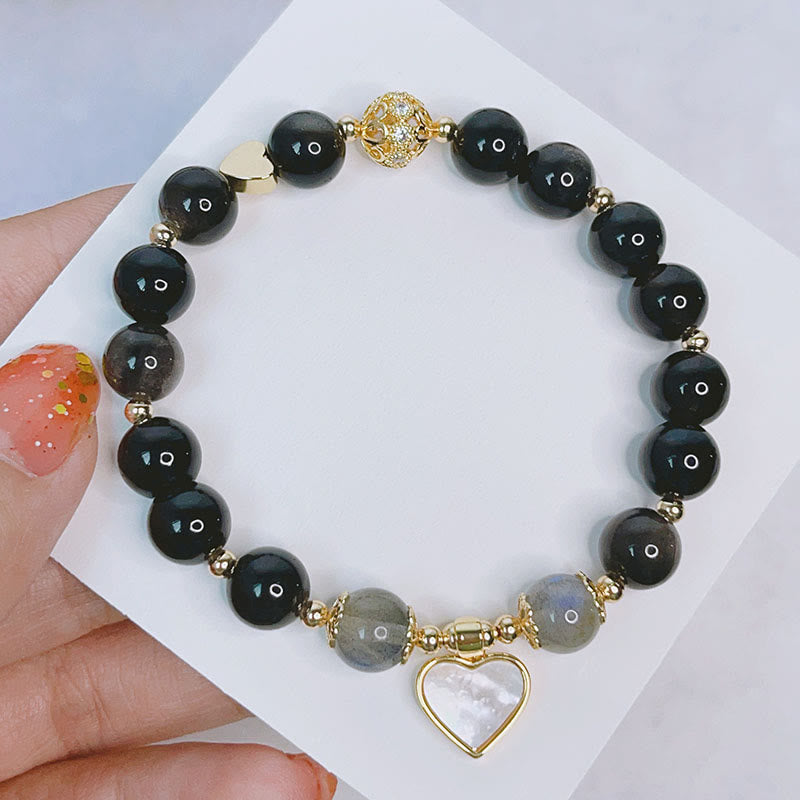 Wear FengShui Natural Silver Sheen Obsidian Love Heart Star Flower Protection Bracelet