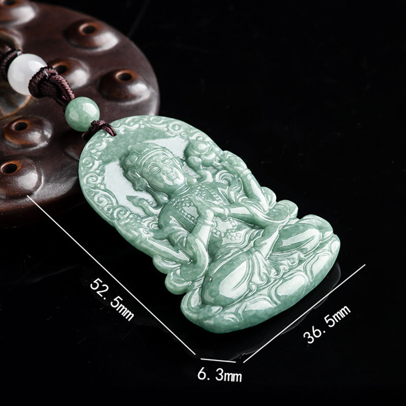 Wear FengShui Four-armed Avalokitesvara Natural Jade Amulet Blessing String Necklace