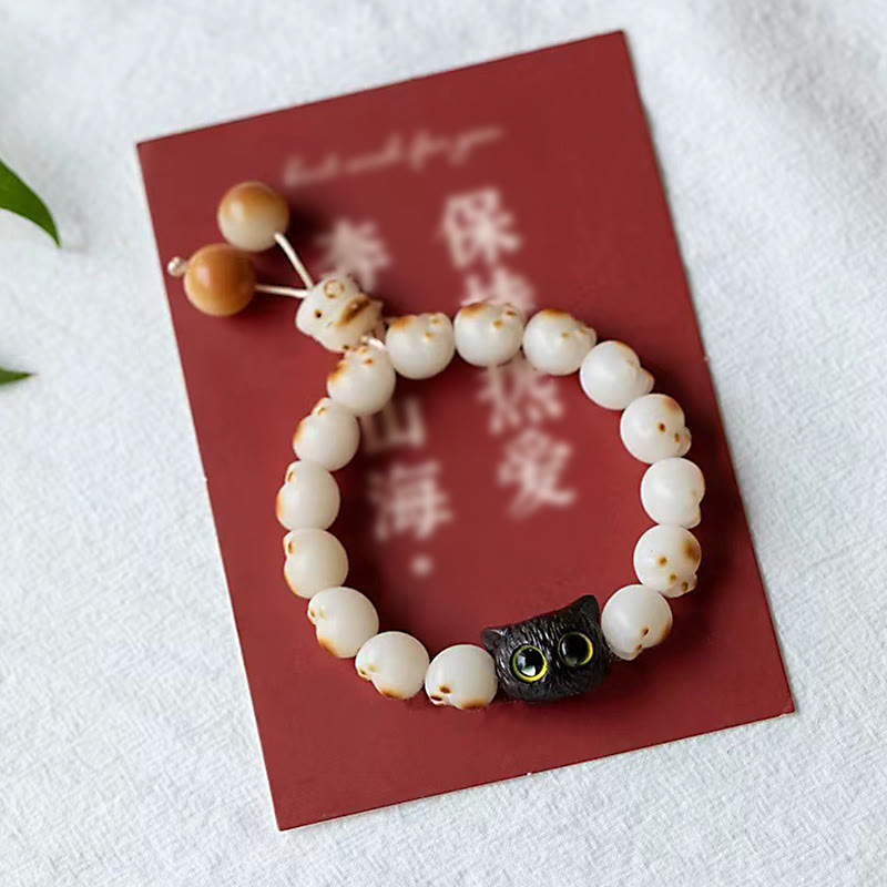 Wear FengShui Natural Bodhi Seed Red Sandalwood Lovely Paw Lucky Cat Peace Bracelet
