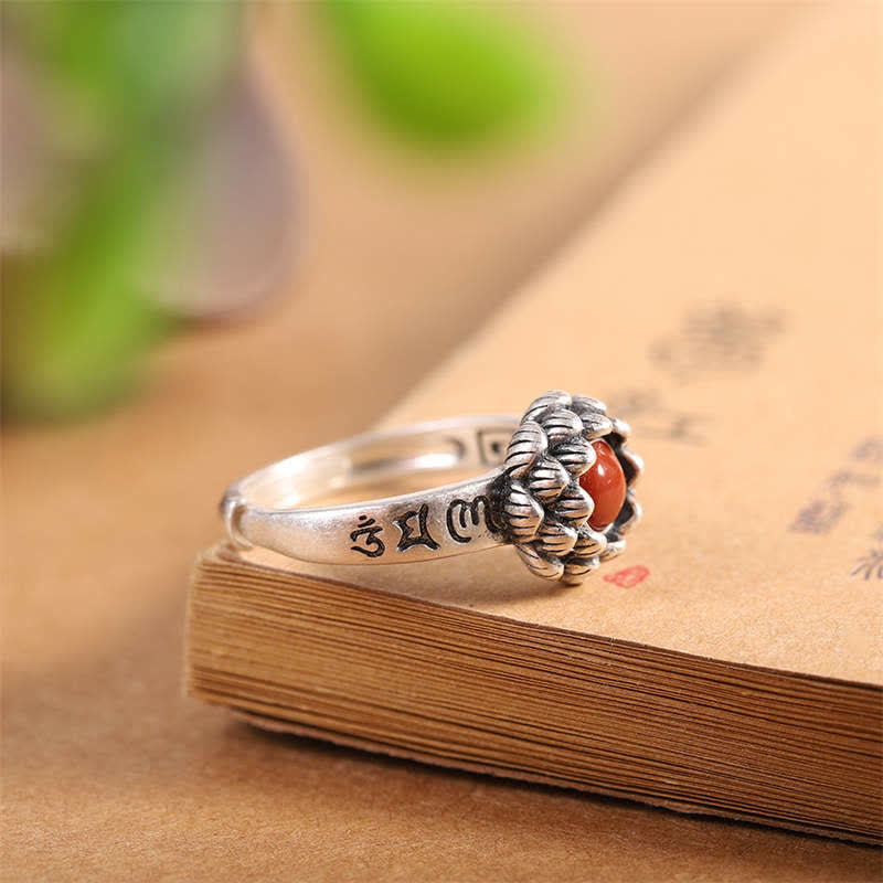 Wear FengShui925 Sterling Silver Lotus Red Agate Confidence Blessing Ring