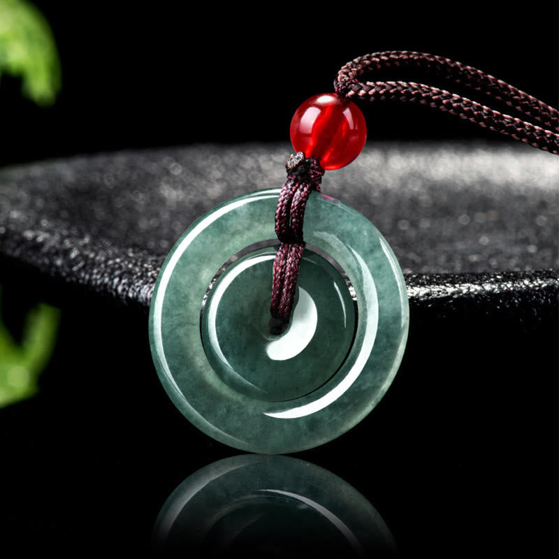 Wear FengShui Green Jade Double Peace Buckle Abundance Necklace Pendant