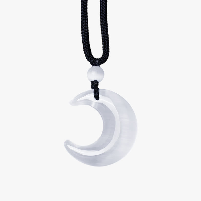 Wear FengShui Natural Silver Sheen Obsidian Selenite Crystal Crescent Moon Yin Yang Couple Protection Necklace Pendant