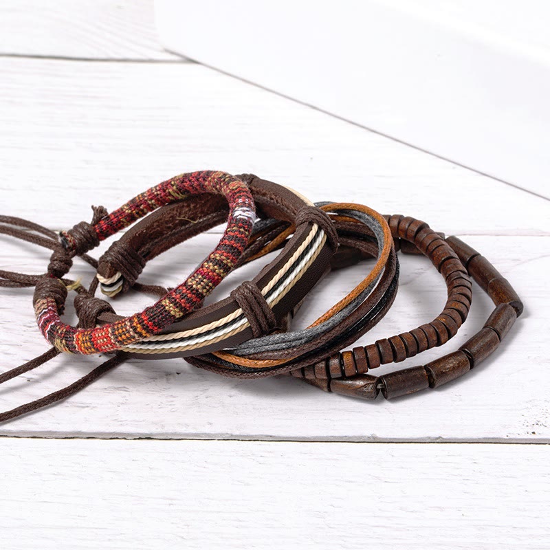 Wear FengShui Wrap Hemp Cords Wood Beads Leather Bracelet