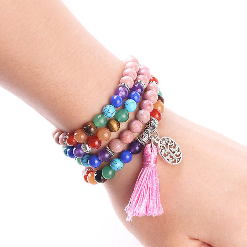 Wear FengShui 108 Mala Beads Rhodonite Blue Crystal Lazulite Healing Bracelet