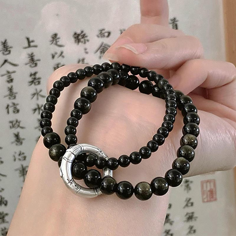 Wear FengShui 999 Sterling Silver Black Obsidian Fulfillment Strength Double Layer Bracelet