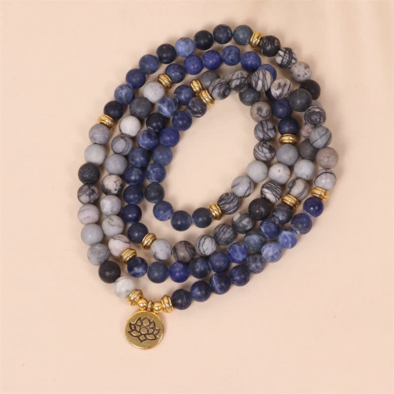 Wear FengShui 108 Mala Beads Sodalite Zebra Jasper Crystal Lotus Strength Bracelet