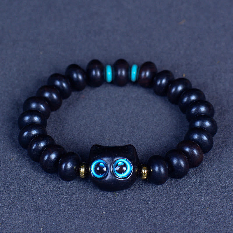 Wear FengShui Ebony Wood Liuli Glass Lovely Cat Peace Balance Bracelet