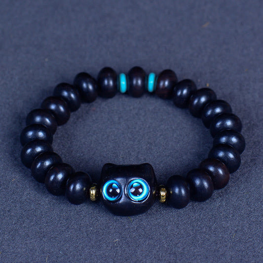 Wear FengShui Ebony Wood Liuli Glass Lovely Cat Peace Balance Bracelet