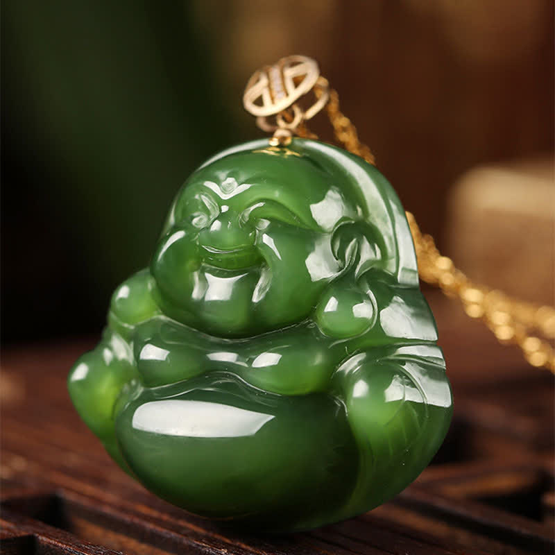 Wear FengShui 925 Sterling Silver Laughing Buddha Hetian Cyan Jade 18K Gold Success Necklace Chain Pendant
