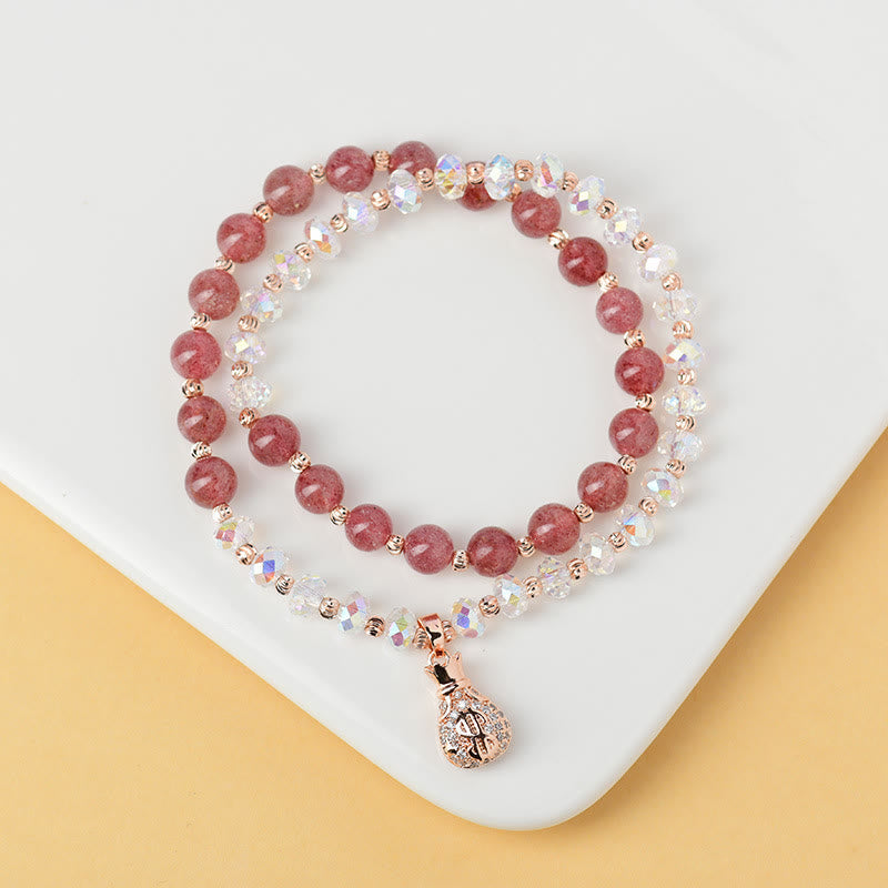 Wear FengShui Strawberry Quartz White Crystal Money Bag Charm Positive Bracelet