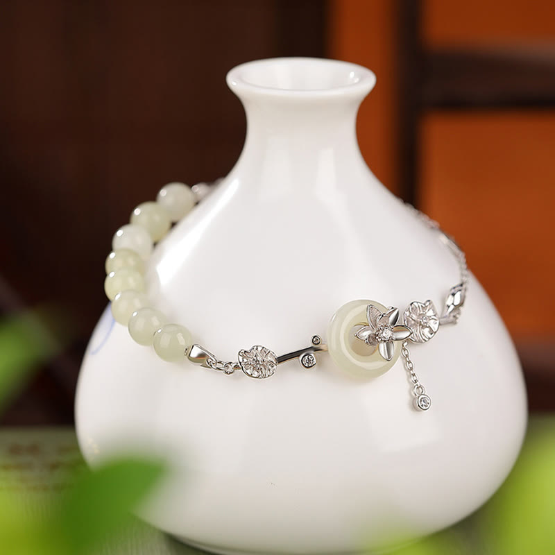 Wear FengShui 925 Sterling Silver Hetian Jade Peace Buckle Lotus Luck Chain Bracelet