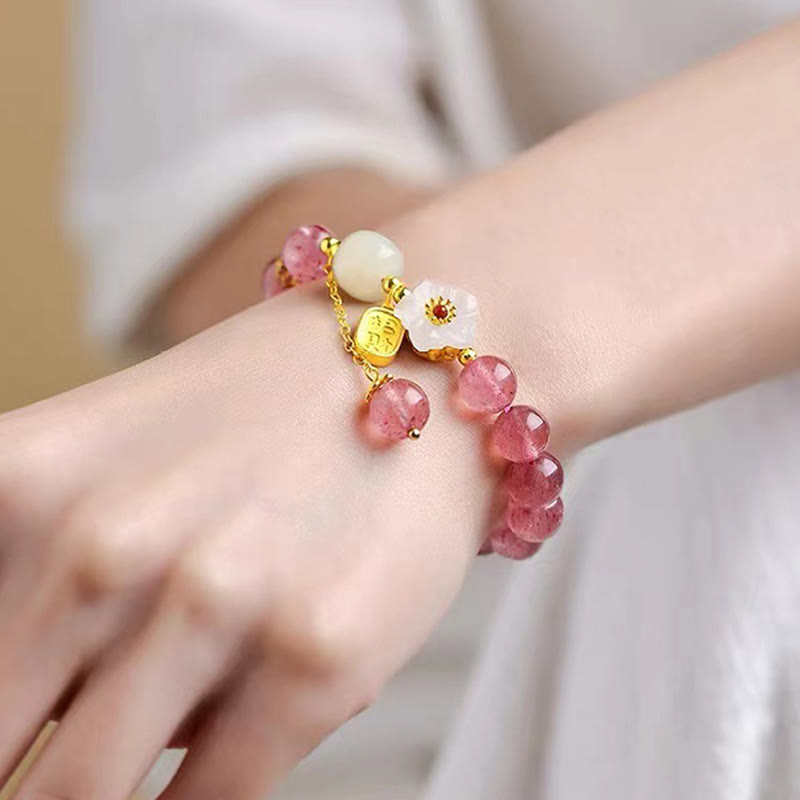 Wear FengShui Strawberry Quartz Fu Character Pink Crystal Healing Bracelet