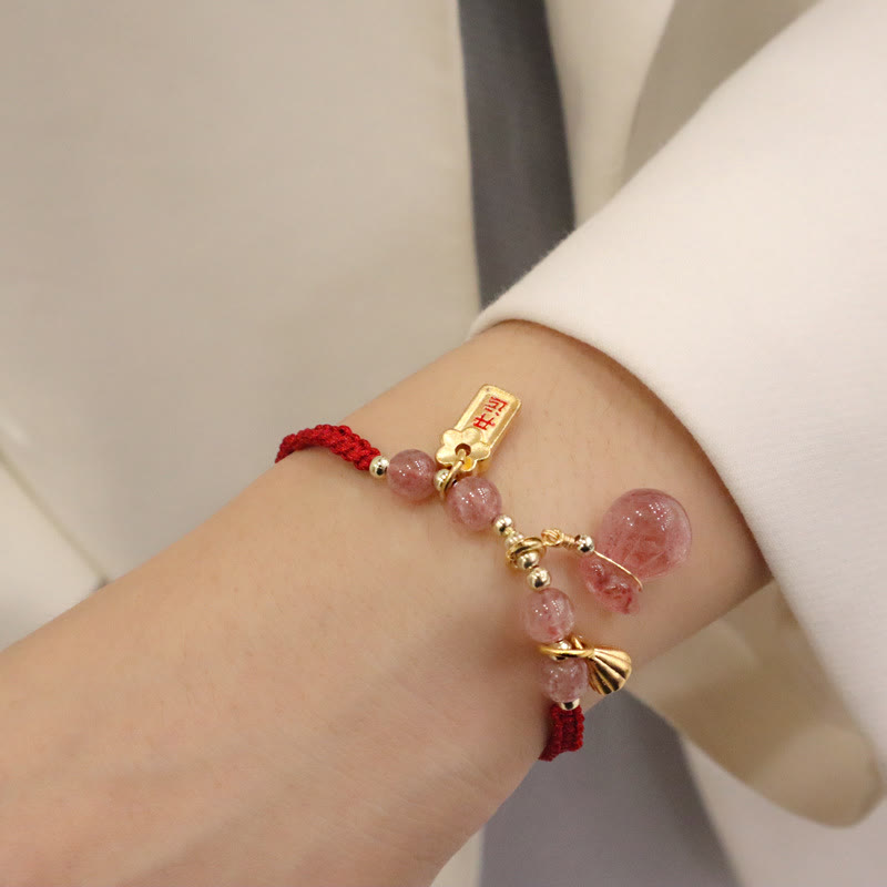 Wear FengShui Natural Strawberry Quartz Money Bag Lotus Healing Charm Red String Braided Bracelet