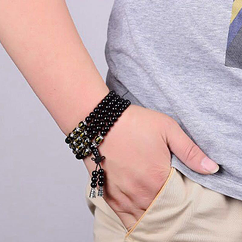 Wear FengShui Black Obsidian Six True Words Protection Mala Bracelet