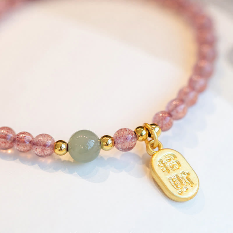 Wear FengShui Natural Strawberry Quartz Garnet Jade Lucky Fortune Fu Character Healing Charm Bracelet